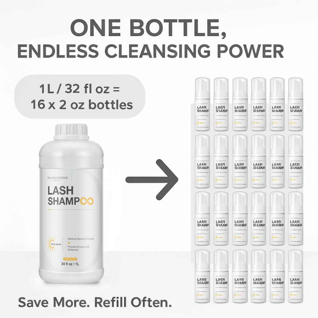 ISLA & FONTANE Lash Shampoo Bulk – Pura White 34 fl oz / 1L | Gentle Eyelash Shampoo for Extensions | Lash Foam Cleanser | Oil-Free Lash Bath for Home & Salon Use