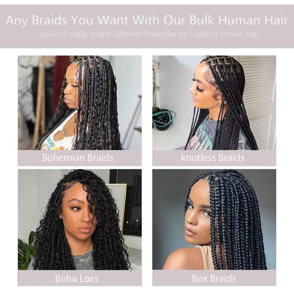 Human Braiding Hair Deep Wave Bulk Human Hair for Braiding 50g 24 inch No Weft Curly Braiding Hair Bulk Human Braiding Hair for Boho Braids Hair Extensions Real Human Hair Natural Color