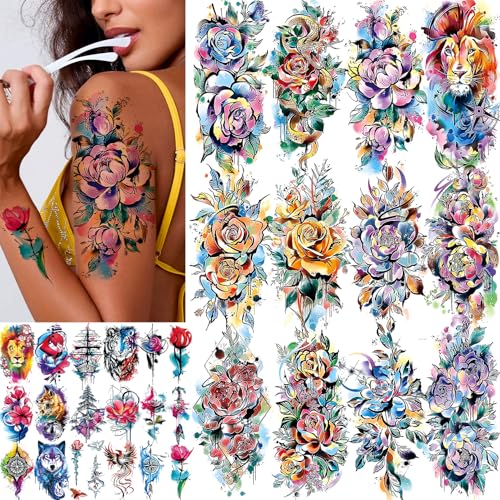 Watercolor Temporary Tattoos for Women, 30 Sheets Floral & Animal Designs