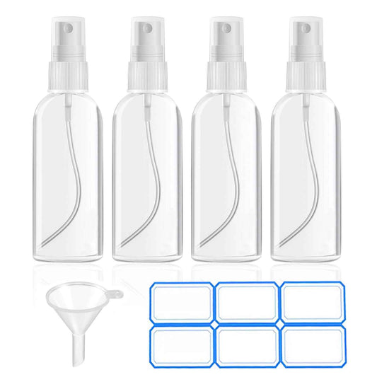 DTDNZKN 4 Pack 2 Oz (50ml) Mini Spray Bottles Clear Travel Size Spray Bottles Leak Proof with Funnels and Labels