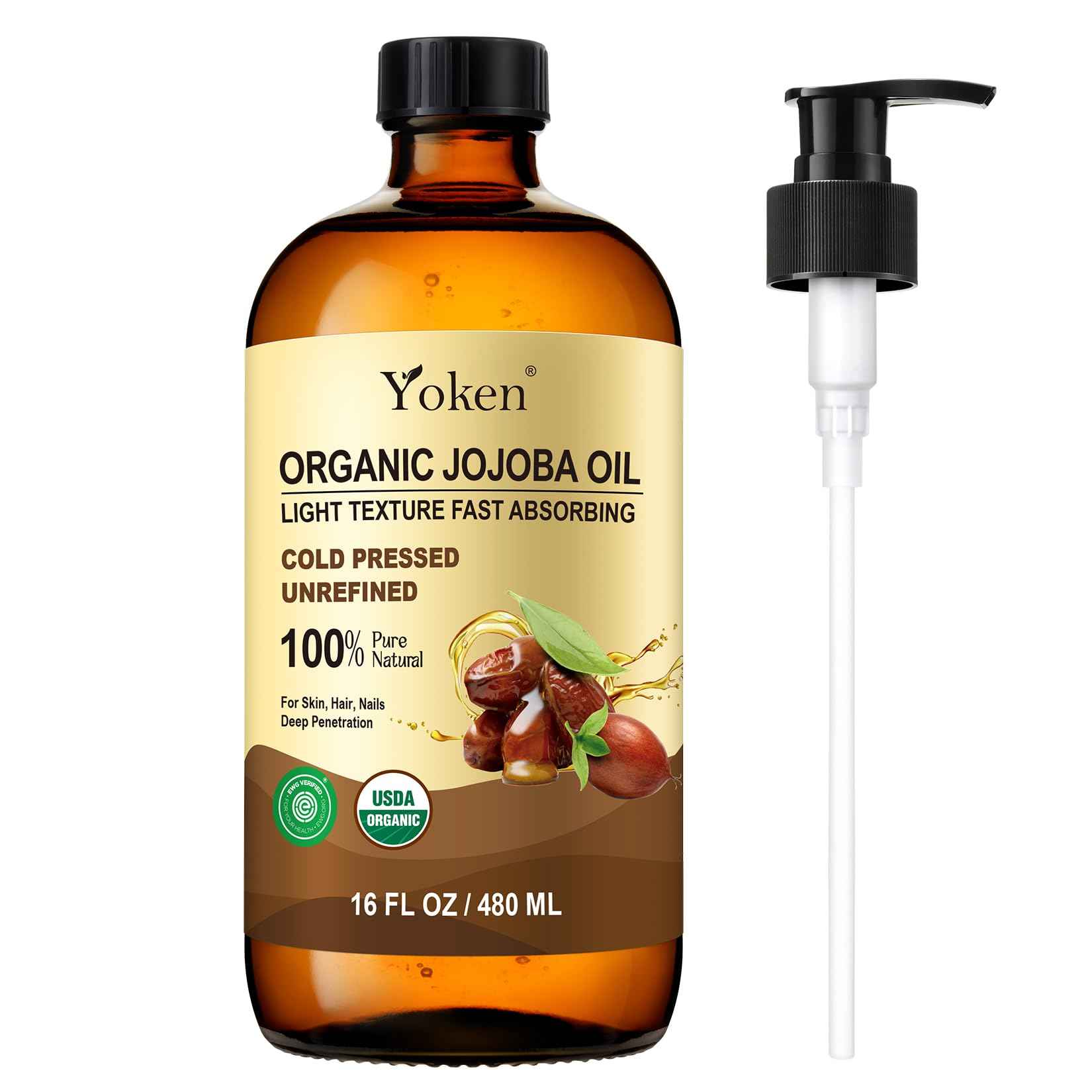 Yoken Organic Jojoba Oil Glass Bottle 16 fl oz, USDA Certified 100 Pure & Natural Jojoba Oil for Hair, Skin & Face, Cold Pressed Unrefined Hexane Free, Deeply Moisturizing Body Serum for Gua Sha