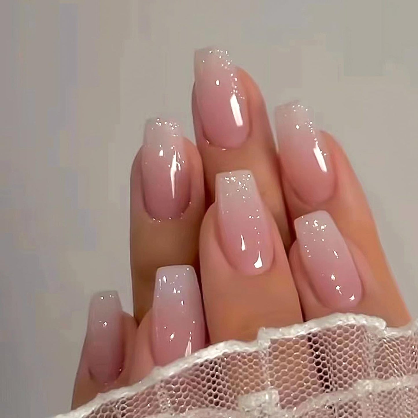 French Tip Press on Nails Medium Coffin Fake Nails Pink Nude False Nails Glossy Full Cover Acrylic Stick on Nails Winter Nail Supplies for Women 24Pcs