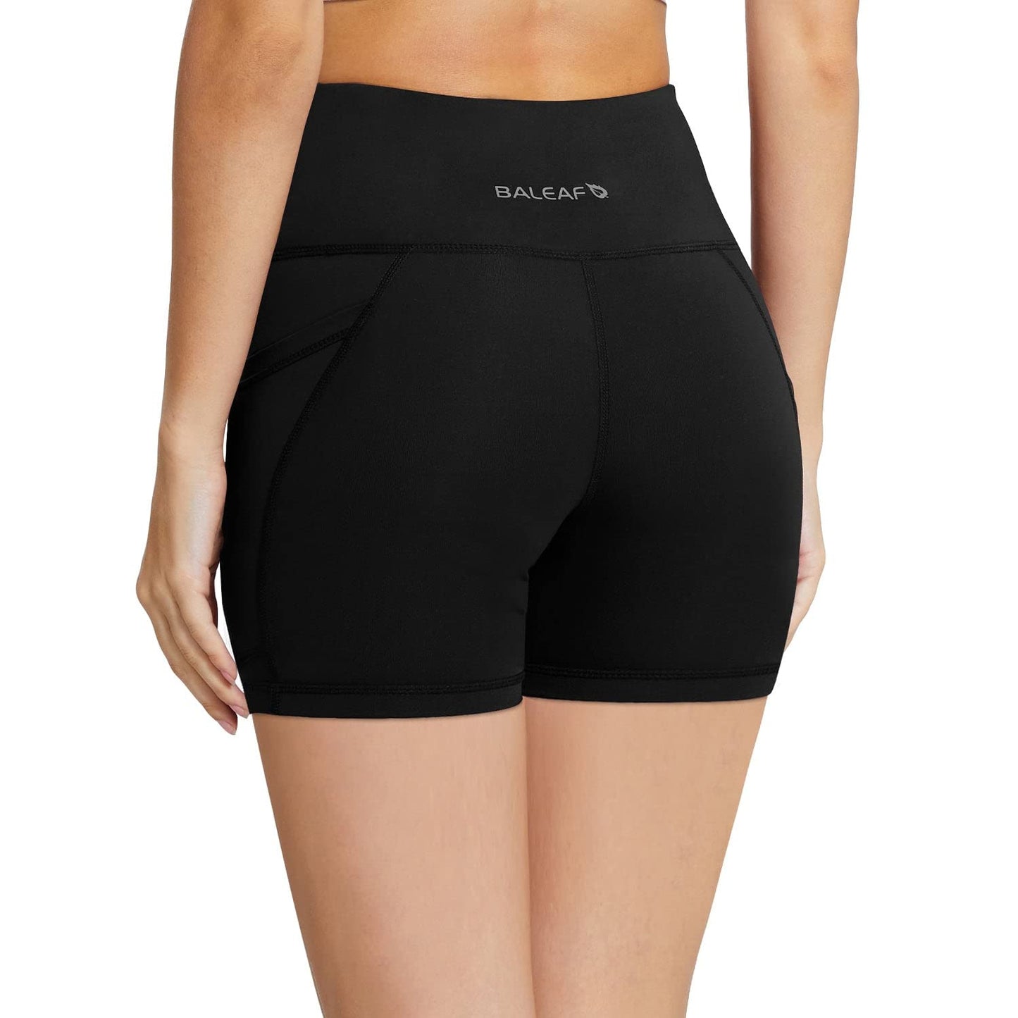 BALEAF Biker Shorts Women Yoga Gym Workout Spandex Running Volleyball Tummy Control Compression Shorts with Pockets 5" Black XS