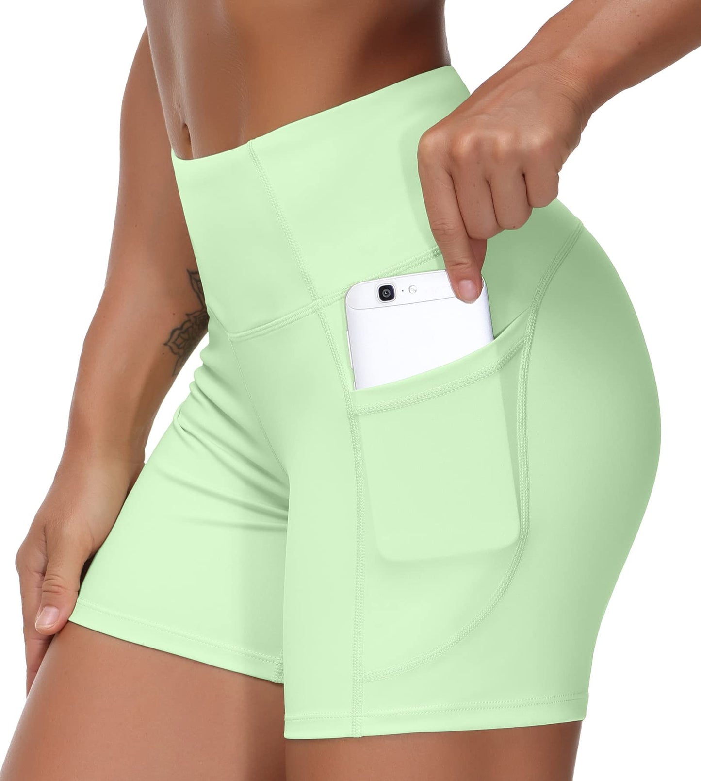 THE GYM PEOPLE High Waist Yoga Shorts for Women's Tummy Control Fitness Athletic Workout Running Shorts with Deep Pockets(Small, Pale Green)