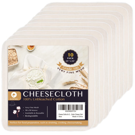 Cheese Cloths for Straining, Grade 100, 25 x 25inch 10 Pack, Hemmed Cheesecloth for Cooking, 100% Combed Unbleached Cotton Cheese Cloth