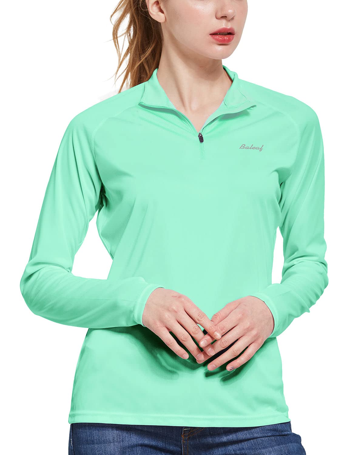 BALEAF Women's Sun Shirts 1/4 Zip Pullover UPF50+ UV Protection Lightweight Quick Dry Golf Hiking Running Workout Tops Light Green Size S