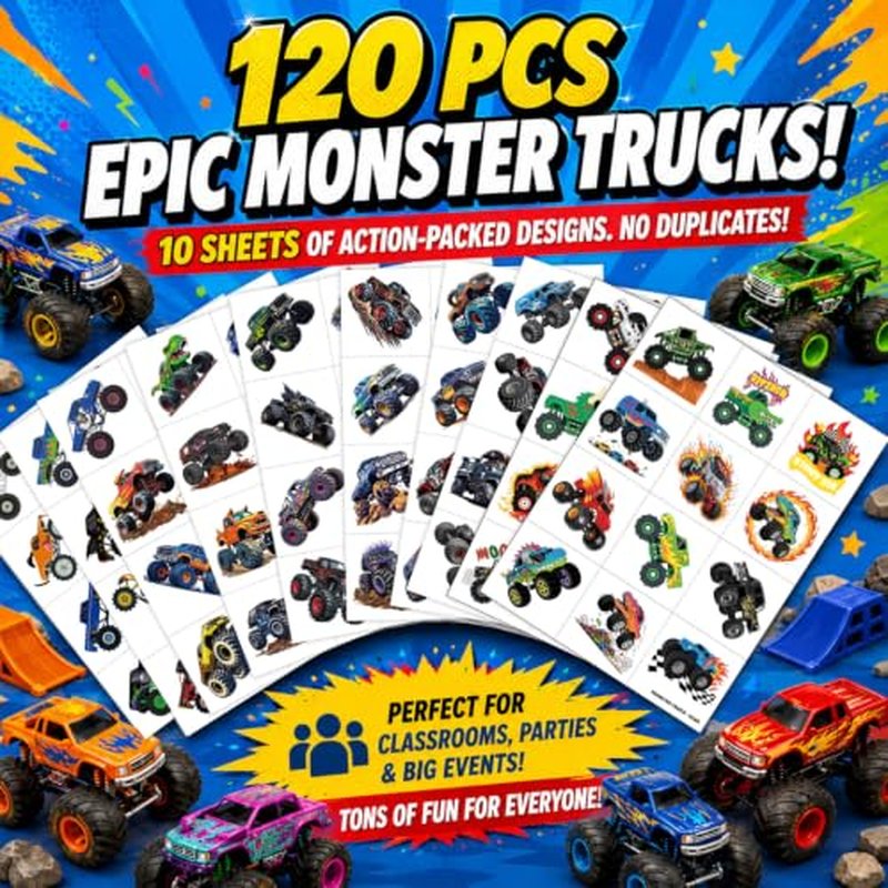 120 PCS Monster Truck Temporary Tattoos for Kids - Party Favors