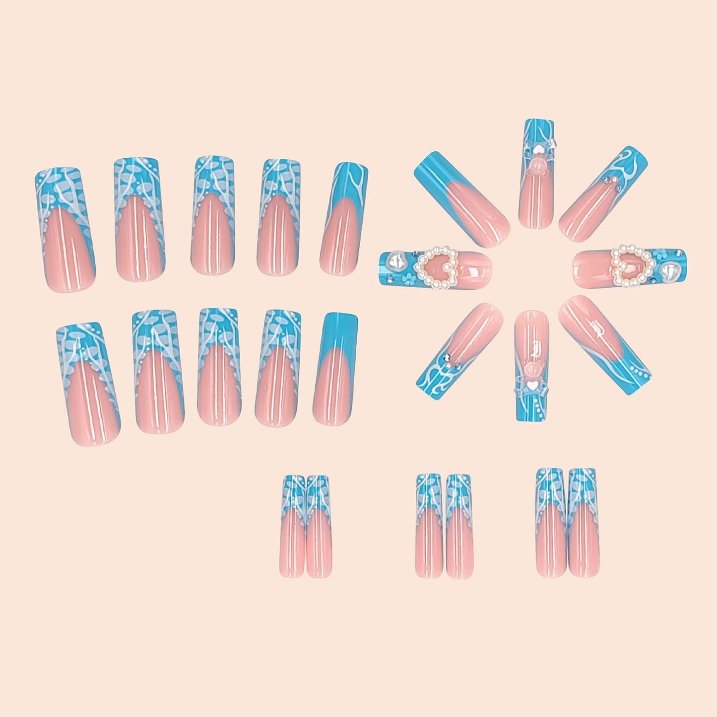 MISUD Press on Nails Long Square Fake Nails Glossy Glue on Nails Blue French Tip Acrylic Nails Squoval Artificial Nails Pearl Stick on False Nails with Cute Bear Design 24 pcs