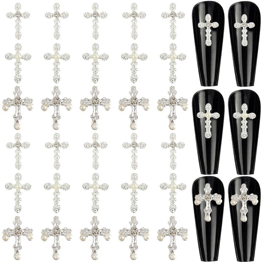 CRASPIRE 60Pcs Cross Nail Charms 3D 3 Style Y2K Metal Alloy Rhinestone Pearl Flat Gems Set Gothic Vintage Punk Studs Decor for Women Nail Art DIY Jewelry Charms Christmas Decoration Crafts Accessories