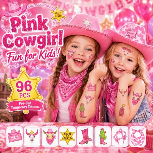 96 PCS Cowgirl Temporary Tattoos for Kids - Western Party Favors