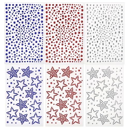 Face Gems 6 Sheets Hair Gems, Self Adhesive Face Jewels Stickers, Red White and Blue Star Festival Face Gems Stick on, 4th of July Rhinestone for Face, Eye, Makeup, Rave Accessories for Kids, Women