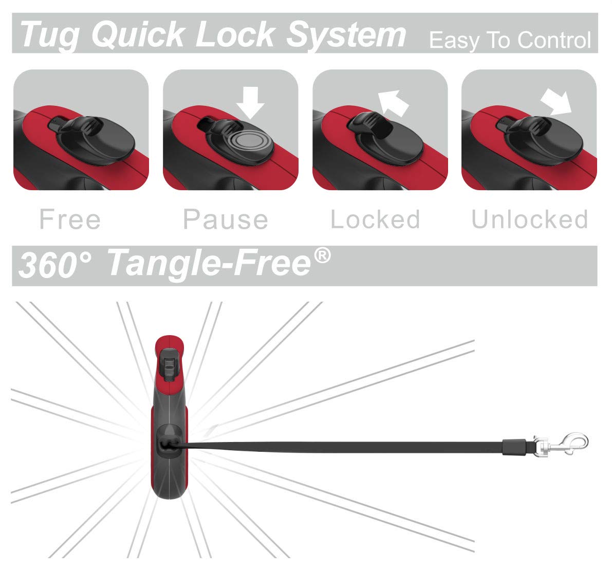 TUG 360° Tangle-Free Retractable Dog Leash with Anti-Slip Handle | 16 ft Strong Nylon Tape | One-Handed Brake, Pause, Lock (Small, Red)