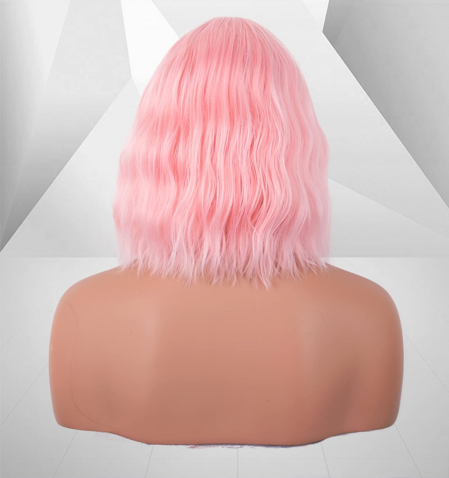 LANOVA Baby Pink Short Wigs with Bangs, Light Pink Cosplay Wigs for Women, Loose Waves Textured, Best Wob Synthetic Hair Wig LANOVA-134-8