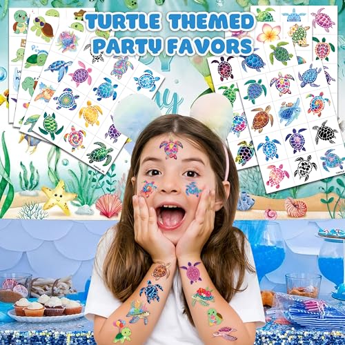 96 PCS Turtle Pre-Cut Temporary Tattoos for Kids | Super Cute First Themed Birthday Party Favors, Supplies, Decorations, Cute Ocean Animal Tattoo Stickers (multiple)
