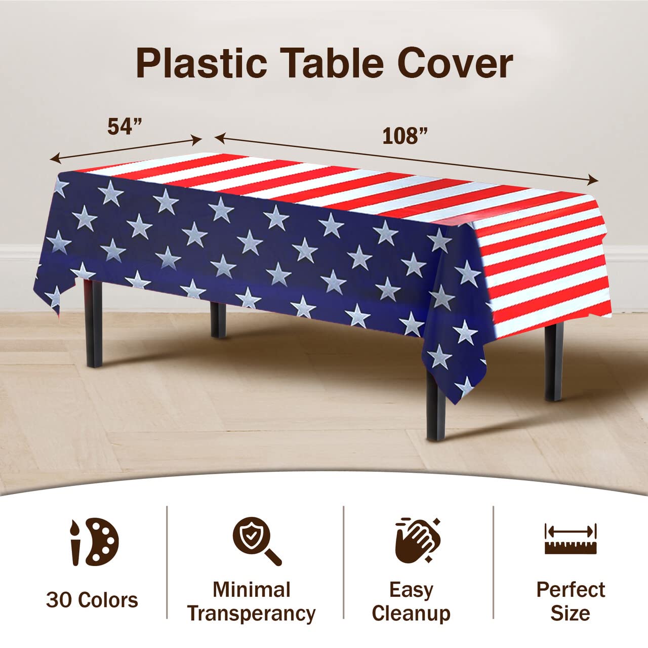 Exquisite 6-Pack Premium Rectangle American Flag Design Plastic Tablecloth - USA Stars and Stripes Tablecloth Disposable Plastic Table Cover for July 4th - 54 inch. x 108 inch.