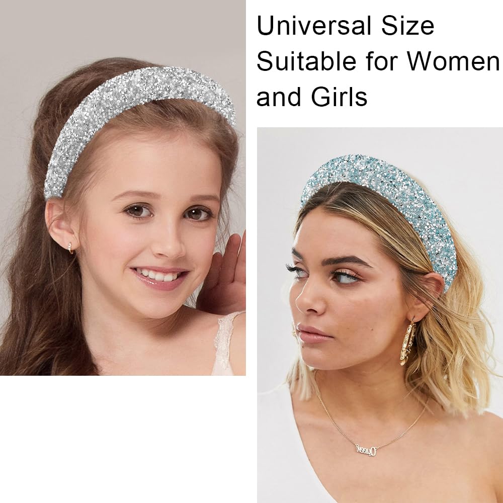 AHONEY 2 Pack Rhinestone Headband Women Girls Thick Padded Headband, Sequin Beaded Pearls Head Band Glitter Cute Headband Birthday Prom Hair Accessories For Women Girls (Silver&Blue)