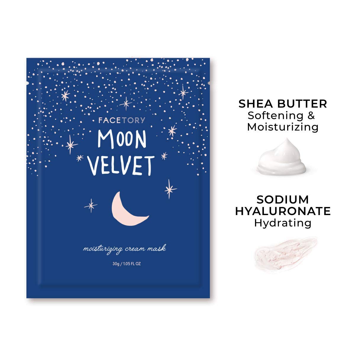 FACETORY K Beauty Face Mask Skin Care - MOON VELVET MOISTURIZING Sheet Mask with Sodium Hyaluronate & Shea Butter Cream | Moisturizing Cream Mask (5 Pack)