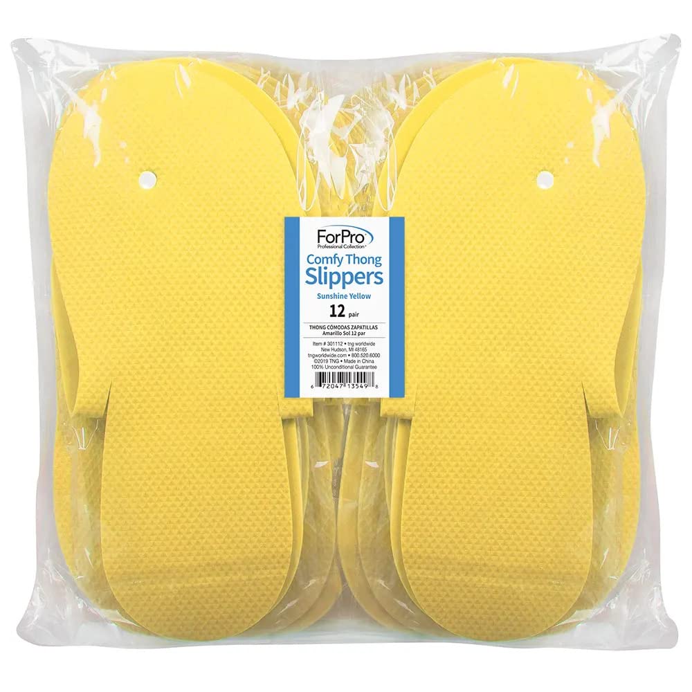 ForPro Comfy Thong Slippers Sunshine Yellow, Disposable Foam Pedicure Slippers for nail salons & Spas, 12Count