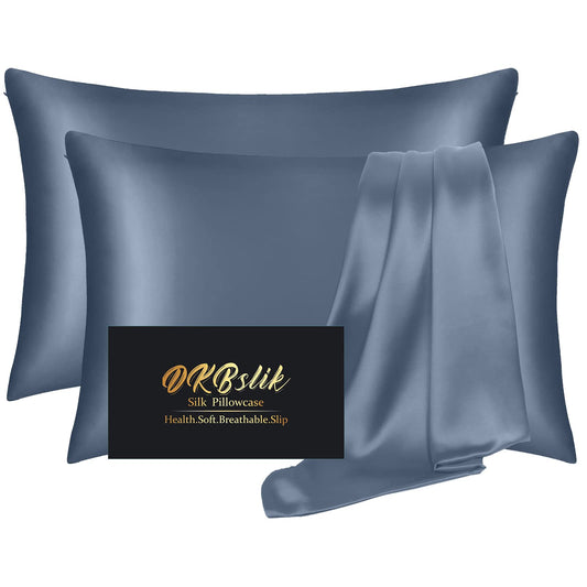 Silk Pillow Cases 2 Pack, Mulberry Silk Pillowcases Standard Set of 2, Soft, Smooth, Anti Acne, Beauty Sleep, Both Sides Natural Silk Satin Pillow Cases for Women 2 Pack with Zipper for Gift, Ash Blue