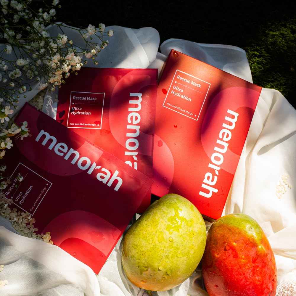 menorah skincare - Ultra Hydration Rescue Sheet Mask (4 Sheets) - with Rice, African Mango, Face sheet masks, Moisturizing mask, Super Hydration and Moisturizing, 100% Organic cotton sheet mask