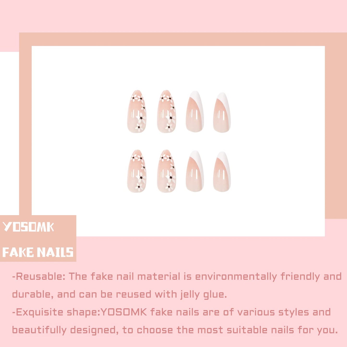 YOSOMK Cute Medium Fake Nails Almond Shaped Press on Nails with White Flower Design Glossy Glue on Static Nails French Tip Stick on Acrylic Nails for Women