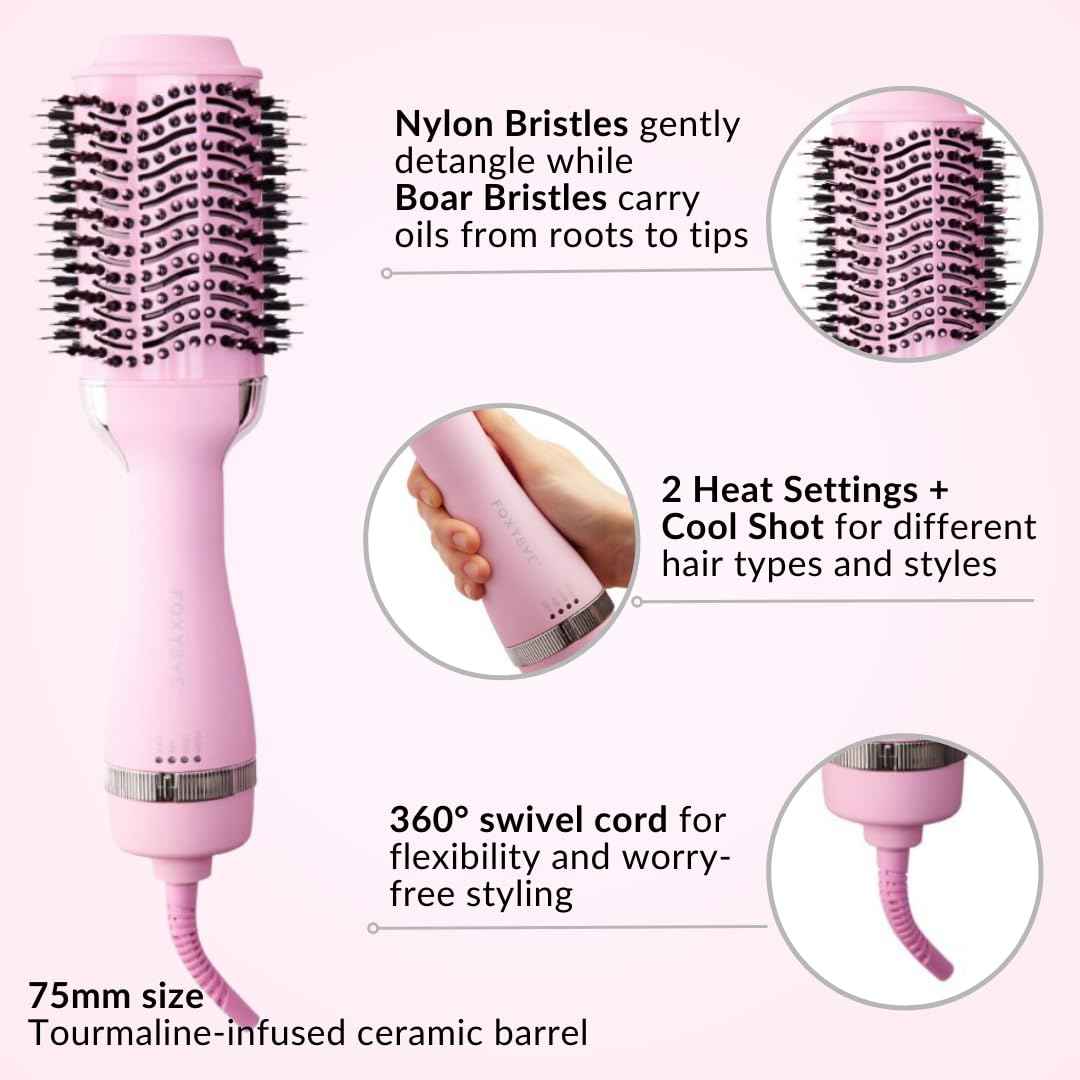 FoxyBae All-in-One Hair Styler - Ceramic Oval Barrel Blow Dryer Brush (75mm) for Drying, Curling, Volumizing & Straightening Hair [Party Pink]