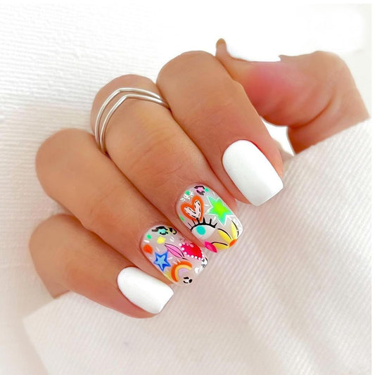 White Press on Nails Medium Fake Nails Square Shape False Nails Star Eye Heart Acrylic Nails Glossy Glue on Nails Full Cover Artificial Nails Cute Stick on Nails for Women Girls Manicure Decoration