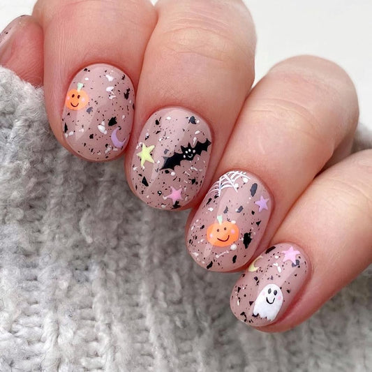 24Pcs Halloween Press on Nails Short Square Fake Nails Full Cover Acrylic Nails Pumpkin Press on Nails with Star Moon Design Cute Ghost Halloween False Nails Bat Spider Web Stick on Nails for Women