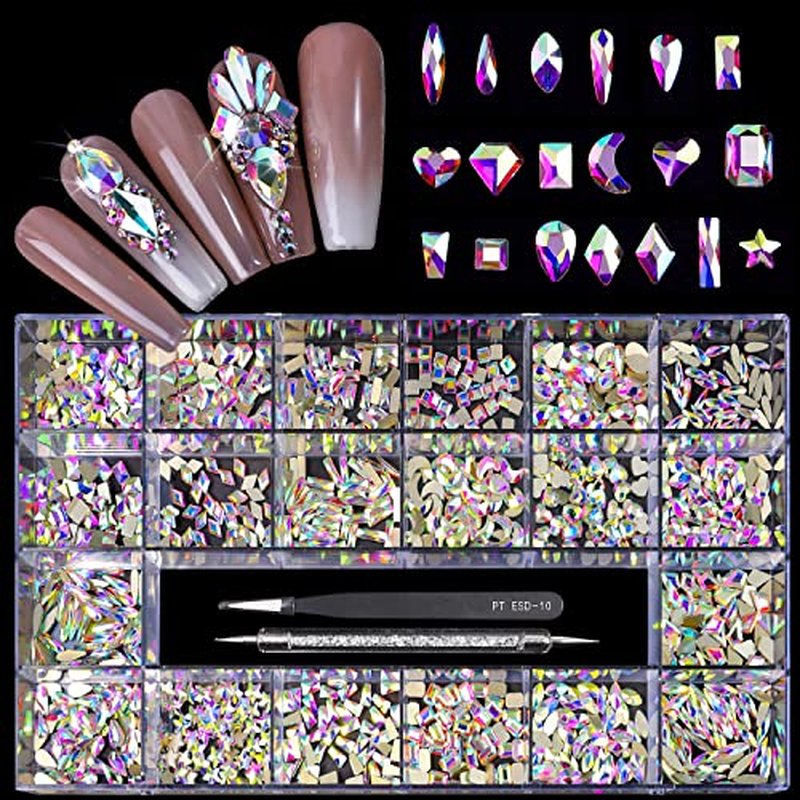 20 Types of 2000 Crystal AB Diamonds Mix Flatback DIY Crafts Rhinestone Crystals 3D Decorations Flat Back Stones Set +Tweezers + Drill Pen