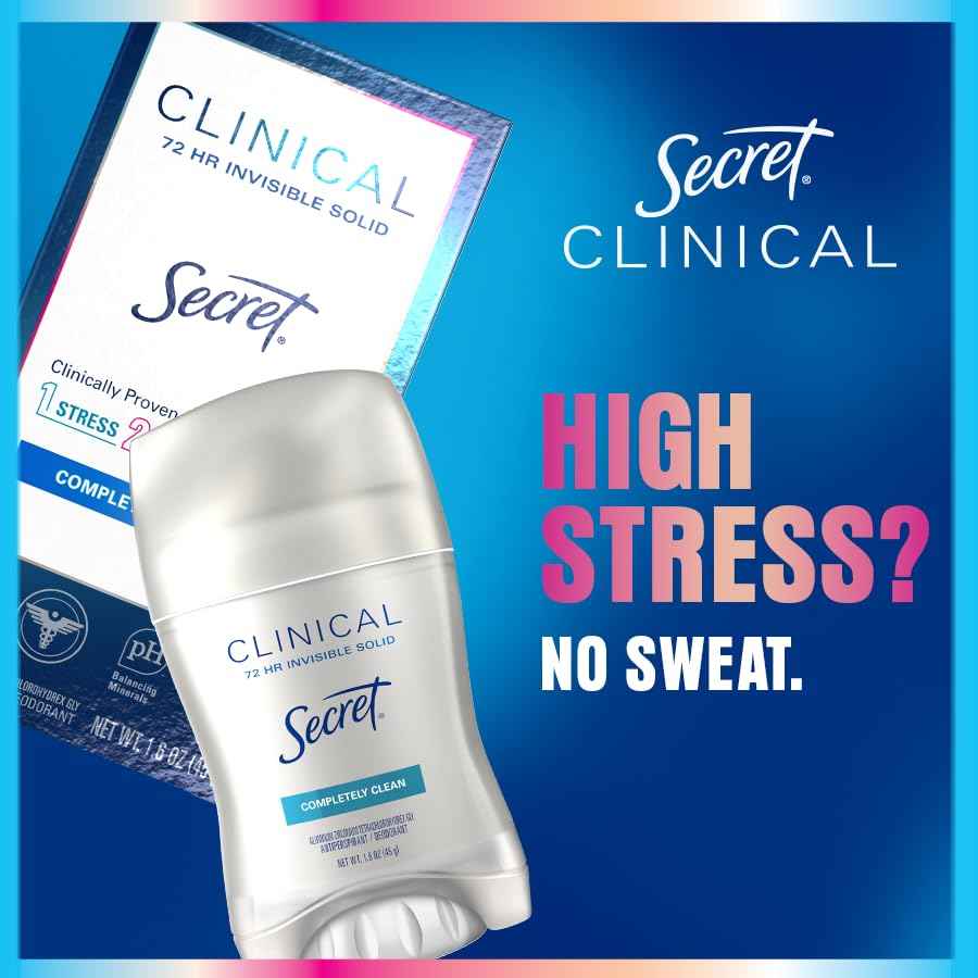 Secret Clinical Strength Antiperspirant Deodorant for Women, Free & Sensitive, 3X Stress Protection, 72hr Sweat & Odor Protection, PH Balancing Minerals, Soft Solid, Unscented, 1.6 oz (Pack of 3)