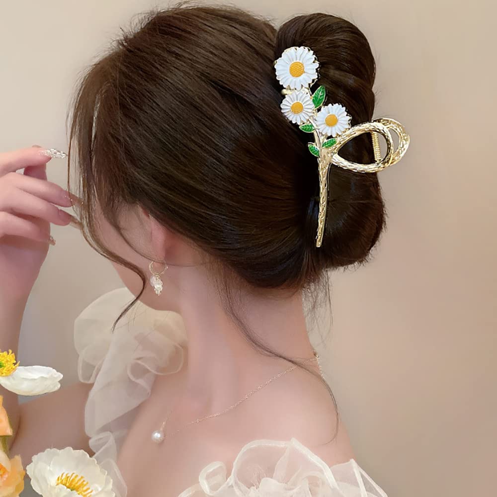 AIUPUOC Elegant Large Daisy Flower Metal Gold Claw Clip Hair Barrette for Thick Hair Women's Hair Accessory