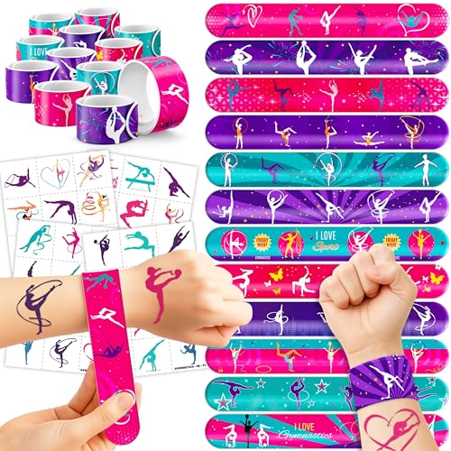 72PCS Gymnastics Party Favors - 48 Tattoos & 24 Slap Bracelets, Perfect for Gymnastics-Themed Birthdays, School Prizes, and Christmas Rewards for Kids
