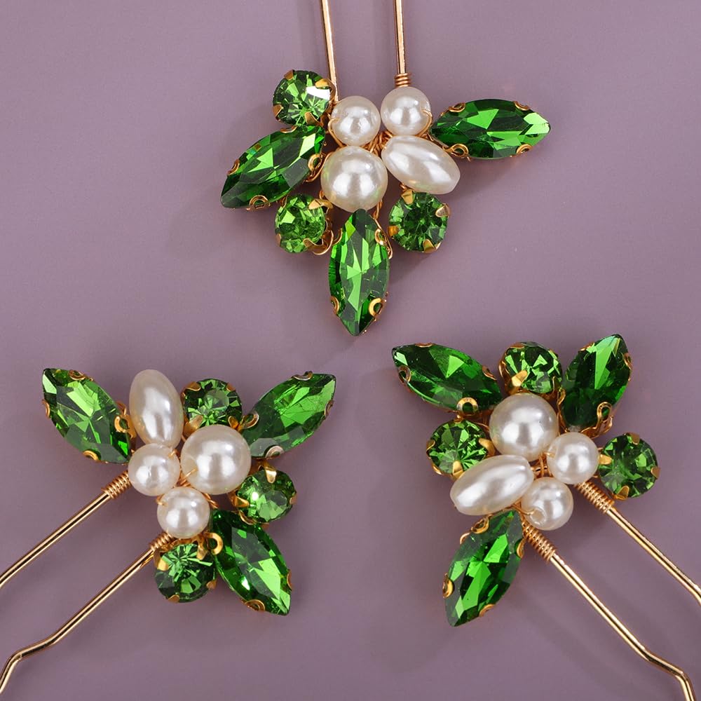 Teyglen 6pcs Crystal Pearl Bridal Hair Pins Green Rhinestone Wedding Hair Pins Clips Set Handmade Rhinestone Hair Piece Decorative Hair Accessories for Women Bride Girls (Green)