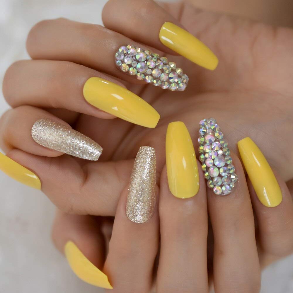 Coolnail Neon Leon Yellow Press on False Nails Holo Gems Gold Glitter Extra Long Coffin Ballerina Full Fingersnails Free Adhesive Tapes