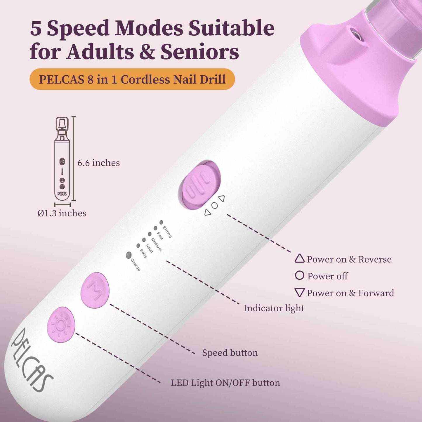PELCAS Toenail Grinder for Thick Toenails 8 in 1 Manicure & Pedicure Kit, 5 Speeds Cordless Nail Drill with LED Light Electric Foot Callus Remover for Foot Callus, Thick Nails, Finger Nails Pink