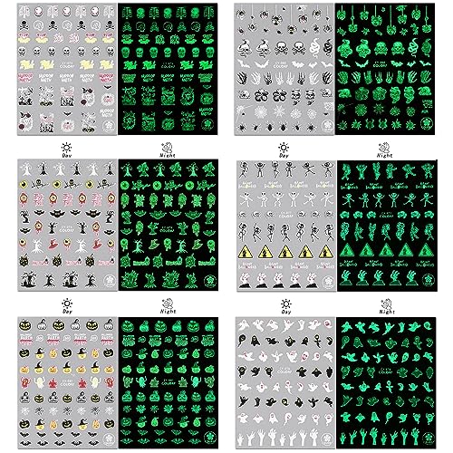 Halloween Nail Stickers 3D Self-Adhesive Nail Decals Halloween Skull Ghost Bat Pumpkin Design Cute Nail Art Stickers Glow in The Dark Nail Decorations for Women Halloween Nail Supplies (6 Sheets)