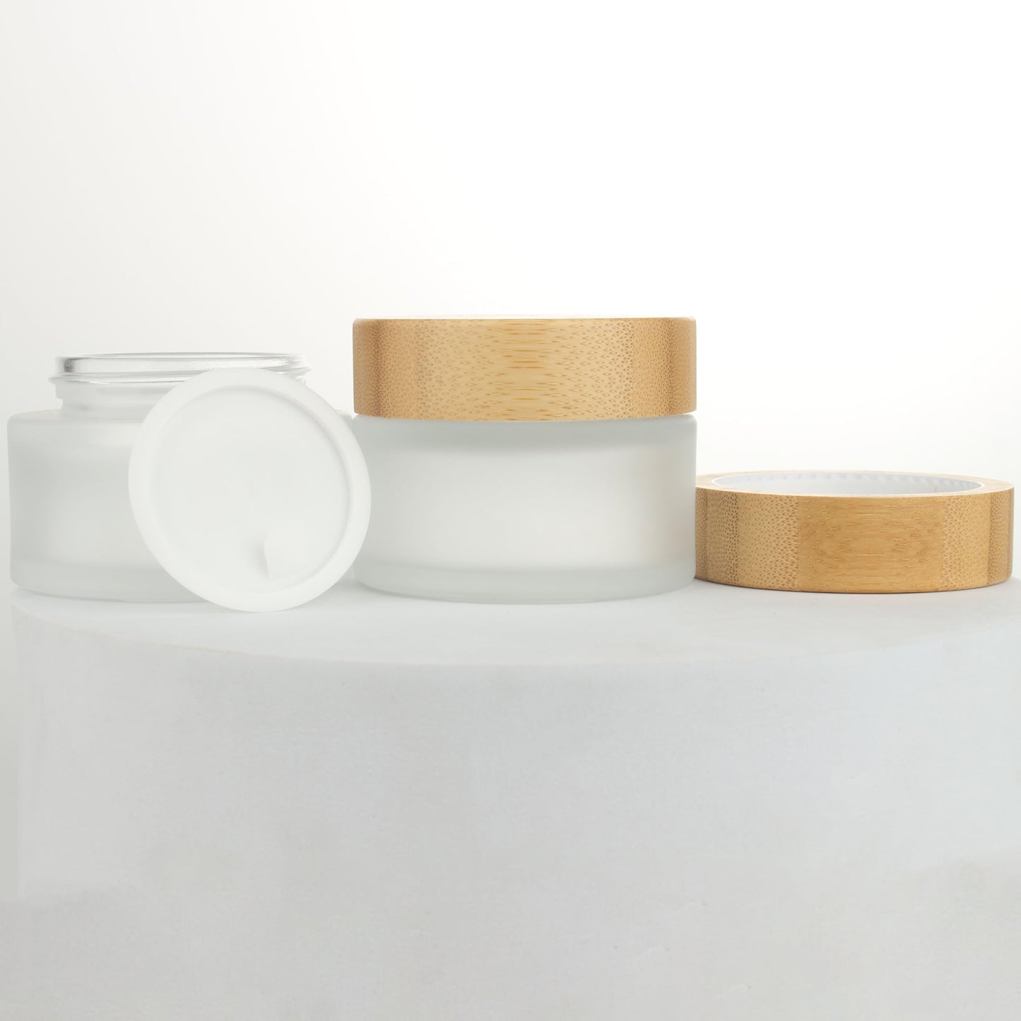 COSIDEA 6pcs Empty 1.7 OZ/50g Round Frosted Glass Jars with Bamboo lids, Bamboo Cream Jar Refillable Cosmetic Travel Containers for Lip Balm, Ointments, Lotion Packing