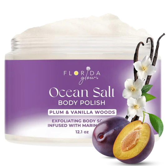 Sea Salt Body Scrub by Florida Suncare - Ocean Salt Body Polish Infused with Marine Algae - Exfoliating Face and Body Scrub, Facial Scrub Exfoliator to Tackle Acne, Scars (Plum & Vanilla Woods 12.1oz)