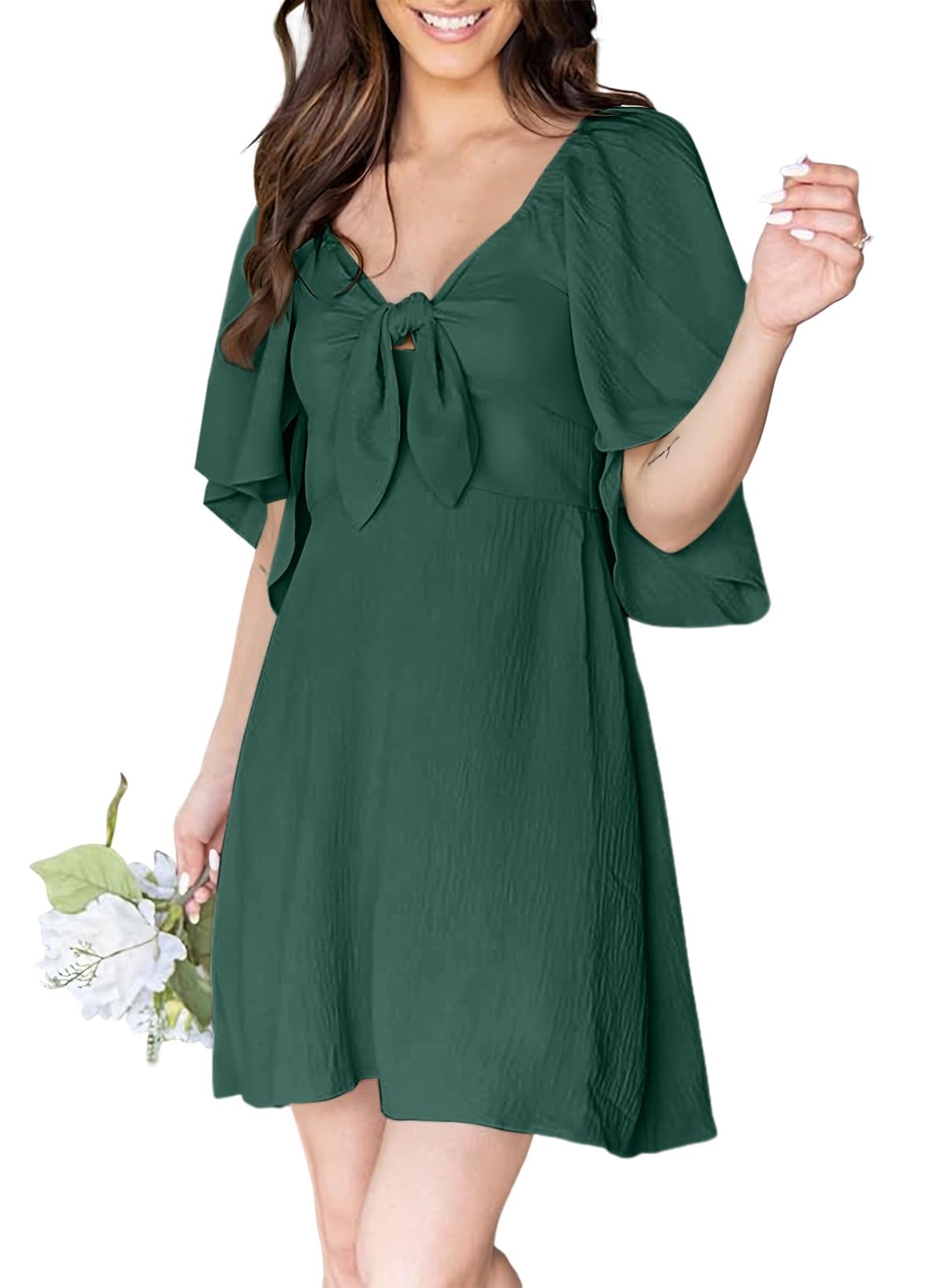 Dokotoo Fall Summer Dresses 2024 Fashion Casual Sexy V-Neck Womens Summer Dresses Beach Graduation Dress Short Wedding Guest Easter Dress Blackish Green