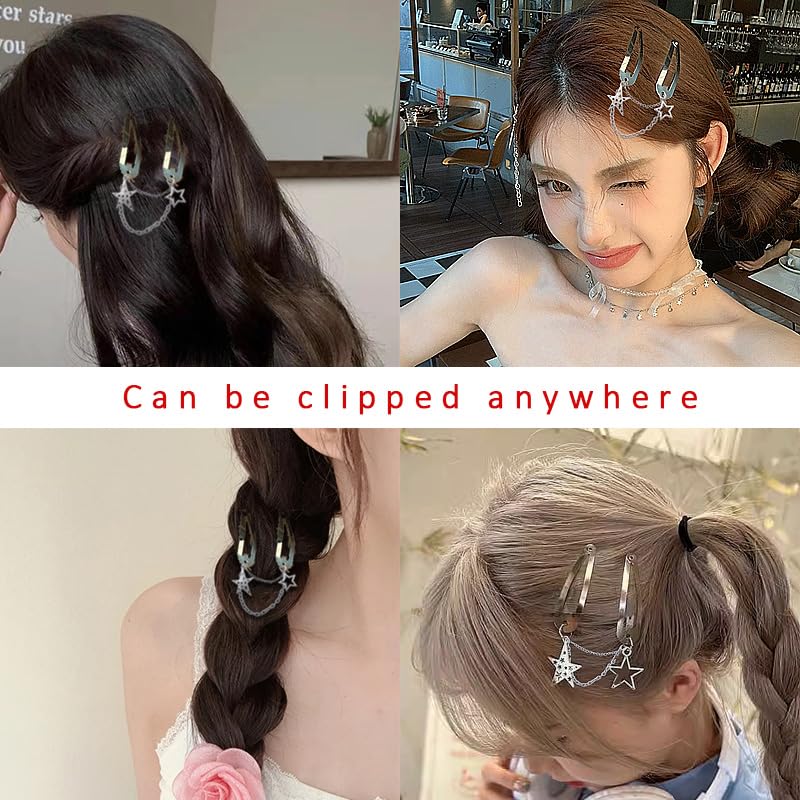 Star Hair Clips for Women Girls Y2k Hair Accessories with Chain Women Girls Dangle Hair Clip silver Hair Barrettes for women girls hair pins silver hair charms goth style hair pin silver 2pcs