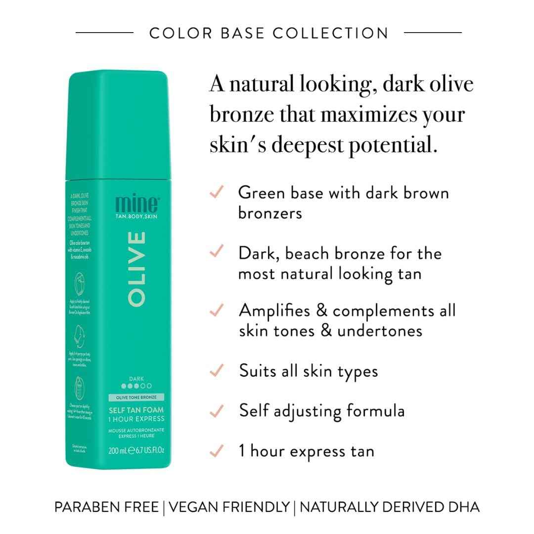 Minetan Olive Self Tan Foam | Color Base Collection - Dark Olive Bronze Finish, 1 Hour Express, Face & Body Fake Tanner, Complements All Skintones, Vegan & Paraben Free, 6.7 Fl Oz
