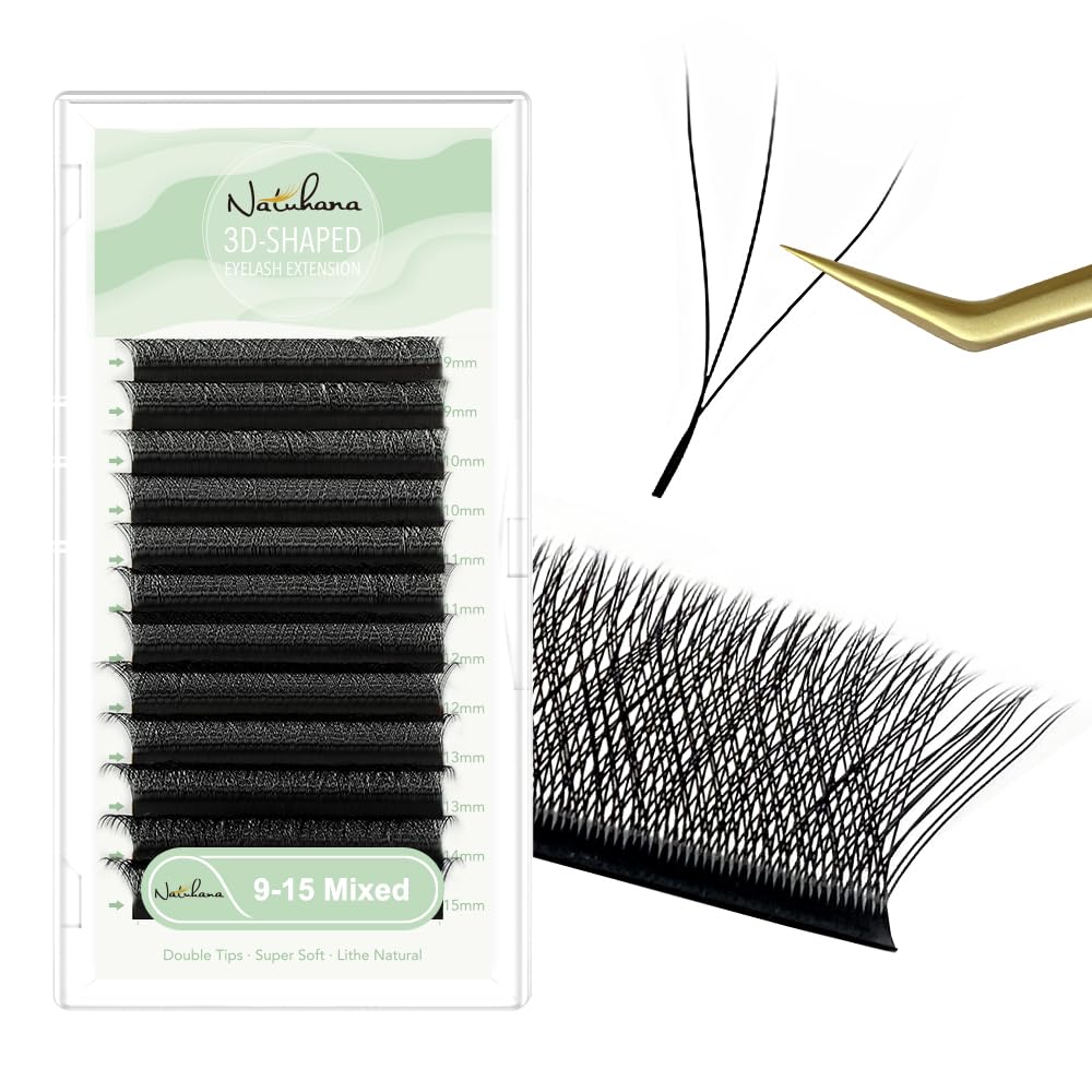 NATUHANA W Shaped Clover Eyelashes Extension 3D Premade Fans 0.07mm D Curl 9-15 Mixed Tray Volume Lash Cluster W Lashes Supplies Automatic Blooming Flower Lash Extensions (3D black ; 0.07 D,9-15 MIX)