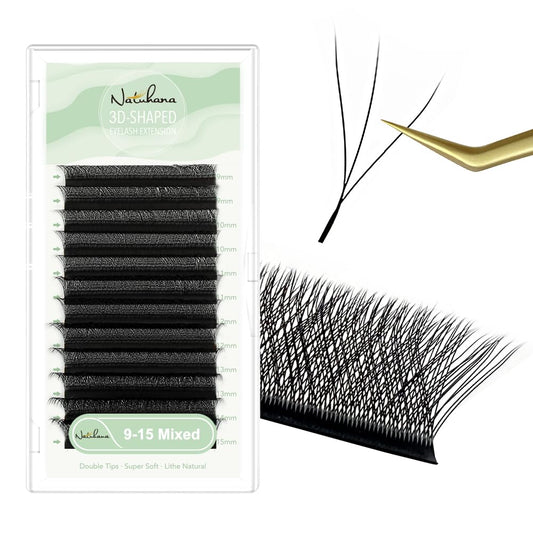 NATUHANA W Shaped Clover Eyelashes Extension 3D Premade Fans 0.07mm D Curl 9-15 Mixed Tray Volume Lash Cluster W Lashes Supplies Automatic Blooming Flower Lash Extensions (3D black ; 0.07 D,9-15 MIX)