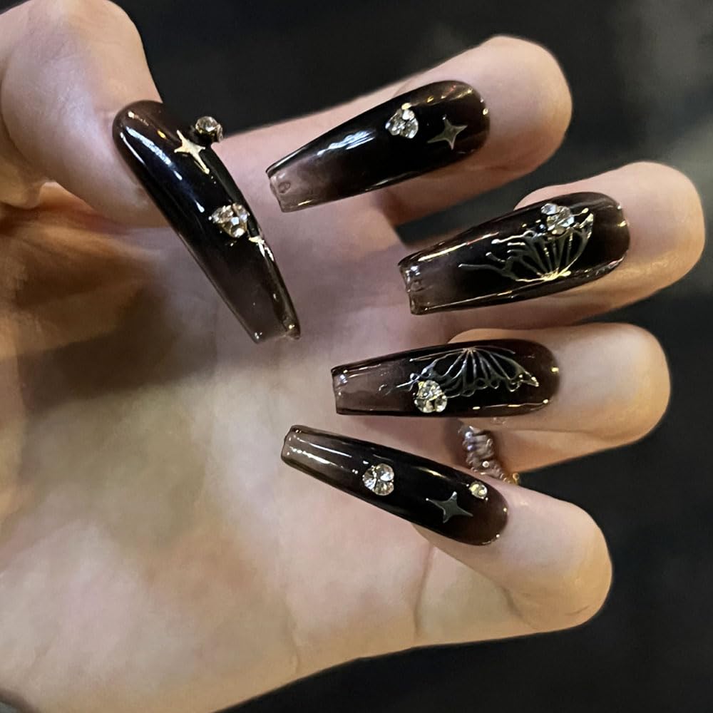 BAOYAALIN Black Press on Y2K Nails Medium Long Coffin Fake Glue on Nails with Star Design for Women Girls Full Cover Artificial Rhinestones Acrylic False Stick on Nail for Daily Wear Wedding 24Pcs