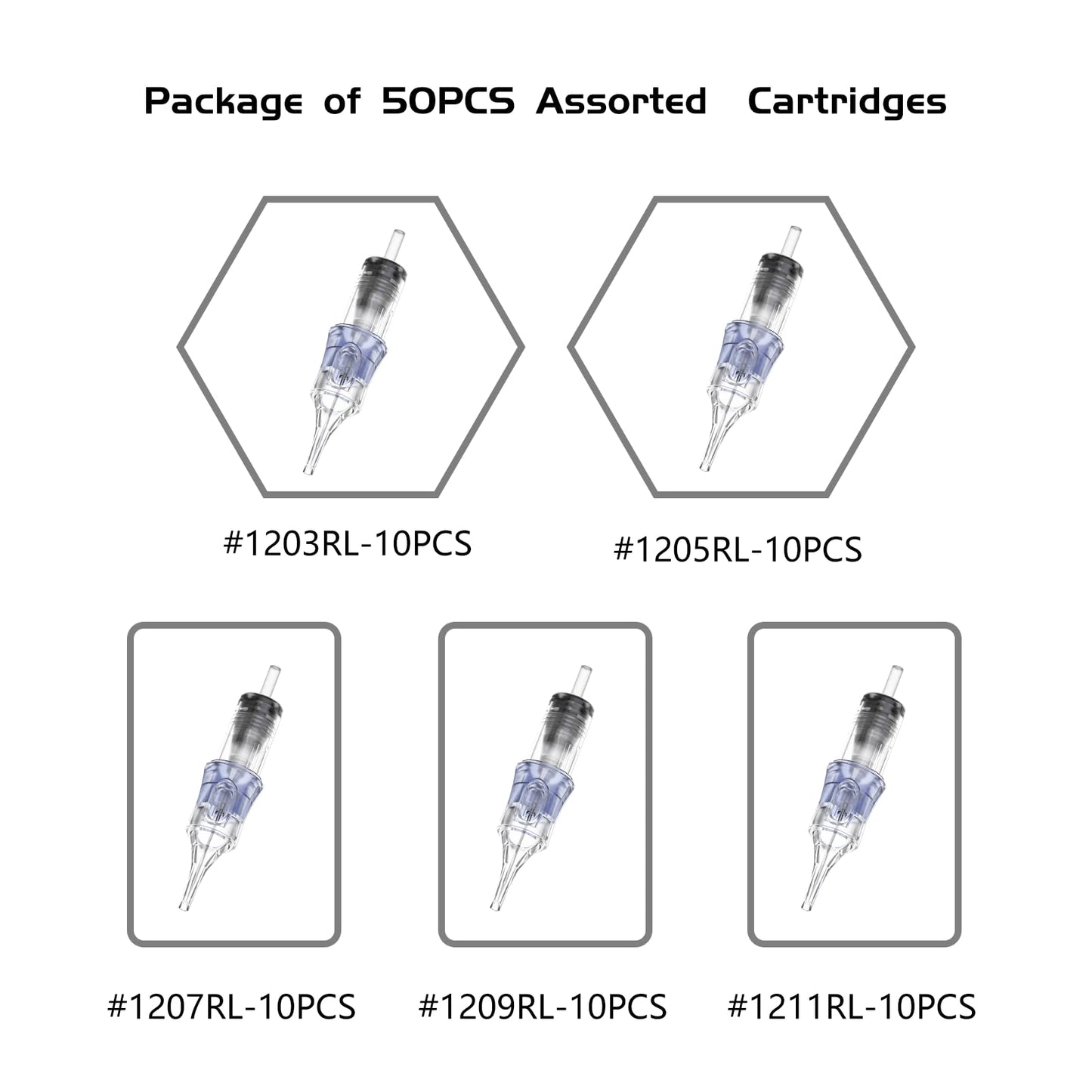 BRONC Assorted Tattoo Cartridge Needles 50pcs Mixed Tattoo Needle Cartridges Round Liner 0.35mm #12 Standard RL (3RL 5RL 7RL 9RL 11RL) for Rotary Tattoo Machine