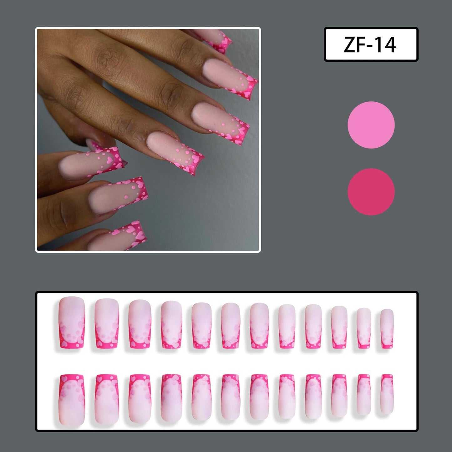 Press on Nails Long Length Pink Love Heart False Nails with Design Valentine's Day Pink French Heart Nails Artificial Acrylic Nails Full Cover Glossy Coffin Fake Nails Glue on Nails for Women 24Pcs