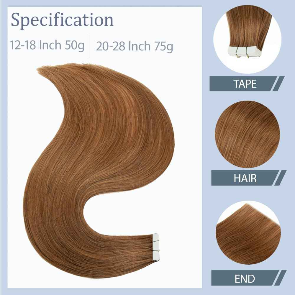 #30 Brown Tape in Extensions Human Hair 18 Inch Brown Straight Tape in Seamless Extensions Real Human Hair Skin Weft Seamless Invisible Unprocessed Virgin Remy Hair 50g 20 Pcs
