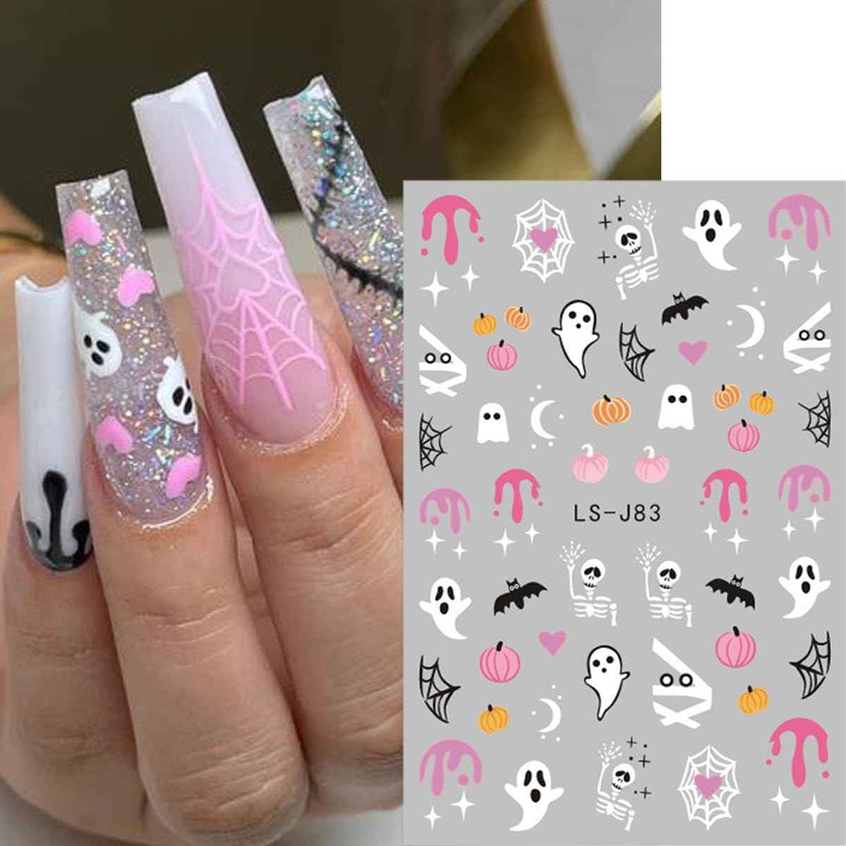 Halloween Nail Art Stickers Decals Cute Ghost Nail Decals 6 PCS 3D Self-Adhesive Spooky Pumpkin Bat Spider Design Manicure Nail Art Supplies Halloween Sticker for Women Girls DIY Nail Art Decorations