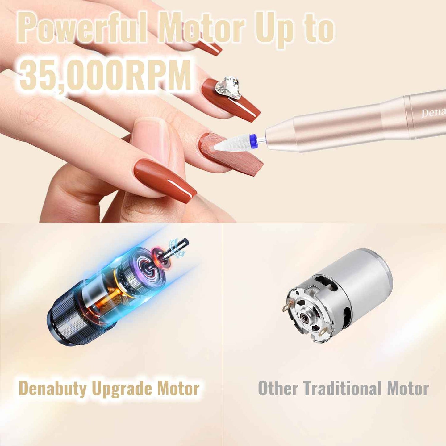 Denabuty Electric Nail Drill Cordless, 35000RPM Portable Electric Nail File with LCD Display and 12 Nail Drill Bits for Acrylic & Gel Nails, Professional Manicure & Pedicure Kit Set Golden