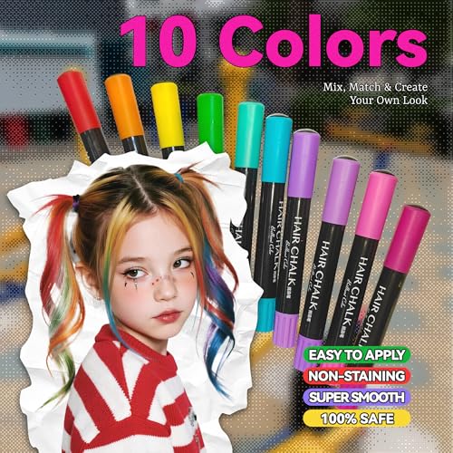 Dustless Hair Chalk for Kids - 10 Washable Colors, Safe & Fun